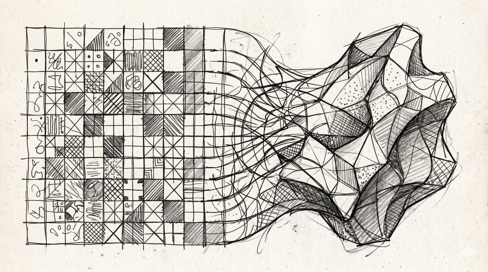AI generated sketch of a grid taking a 3-d shape