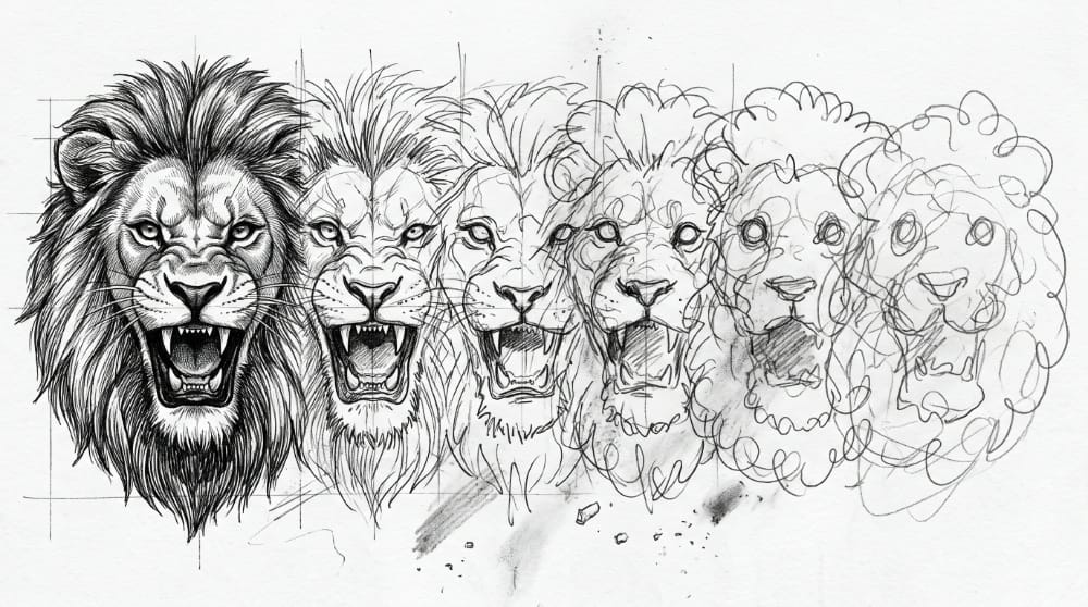 Image generated by AI of a high fidelity lion slowing changing to a very rough sketch