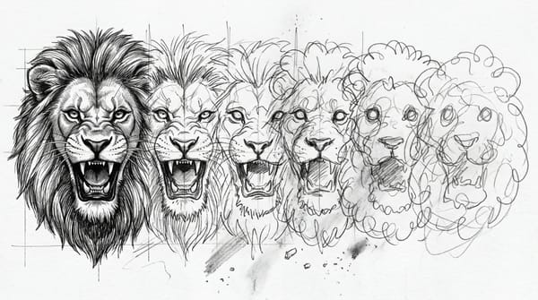 Image generated by AI of a high fidelity lion slowing changing to a very rough sketch